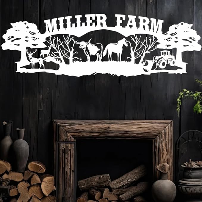 Personalized Farm Metal Sign, Custom Ranch Name Plaque with Cow, Horse, Deer and Tractor, Rustic Outdoor Barn Wall Art, Farmhouse Yard Décor, Gift for Farmers, Ranch Owners, Country Home