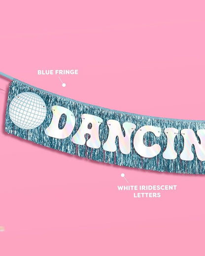 xo, Fetti Dancing Queen Fringe Banner - Iridescent & Blue Fringe, 5 Ft. | Disco Bachelorette Decorations, 70s Backdrop, Groovy Birthday Party, Boogie Bach Backdrop