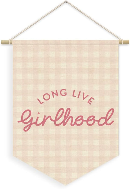 Girl Nursery Decor, Long Live Girlhood Linen Canvas Banner, Pink Checkered Preppy Girly Wall Hanging Pennant Flag Banner for Girls Nursery Kids Toddler Room Bedroom Dorm Decor, 15x11in