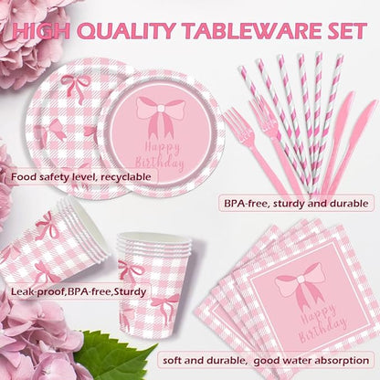 168Pcs Pink Bow Birthday Decorations Party Supplies Include Pink Bow Birthday Plates Napkins Cups Cutlery Straws Bow Theme Tableware Party Supplies for Girls Women, Serves 24