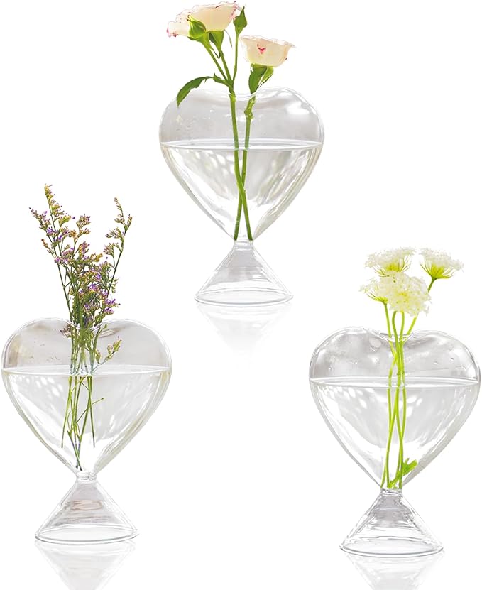 Nacome Small Glass Bud Vases for Flowers: Birthday Gifts for Wife Women Mom Garden Lovers- Set of 3 Heart Plant Terrarium for Wedding Centerpiece Table Office Indoor Home Decor