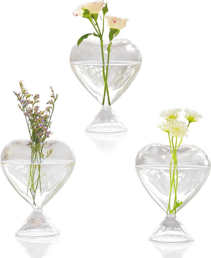 Nacome Small Glass Bud Vases for Flowers: Birthday Gifts for Wife Women Mom Garden Lovers- Set of 3 Heart Plant Terrarium for Wedding Centerpiece Table Office Indoor Home Decor