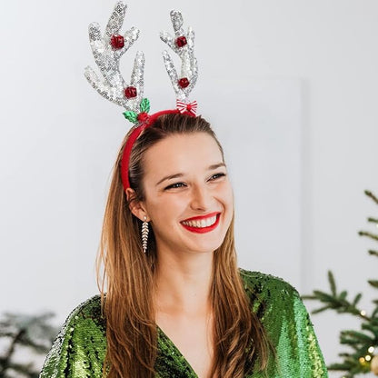 Madison Tyler Christmas Silver Reindeer Antlers with Mistletoe and Jingle Bells Headband | Cute Soft Headbands for Christmas Party | Holiday Gifts for Women