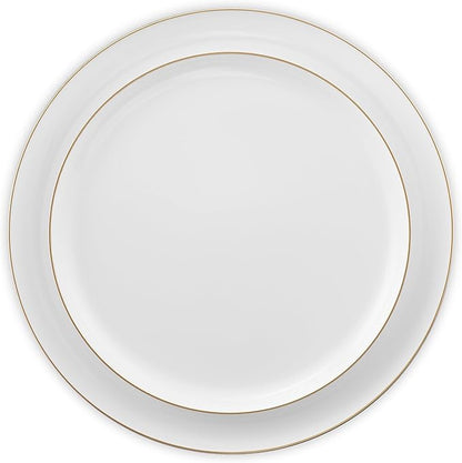 BloominGoods 50 PCS Disposable Plastic Plates For Party, 25 8.5 In. Appetizer Plates And 25 10.5 In. Dinner Plates, White With Gold Rim Plates For Wedding Or Event, Heavy Duty