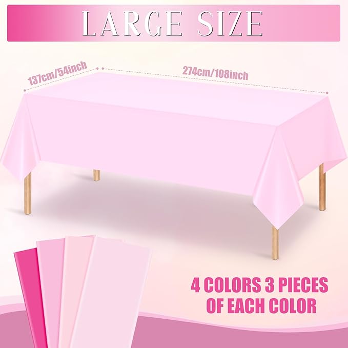 MASHAN 12 Pack Plastic Pink Tablecloths Disposable Pastel Pink Table Cloth Rectangle Table Covers for Valentines Day Bridal Engagement Wedding Galentines Party Decorations,54 x 108 Inch