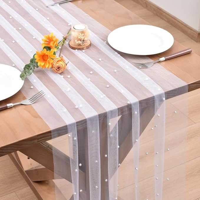 White Pearl Fall Thanksgiving Table Runner Boho Rustic Tulle Lace Table Runner for Baby Shower Wedding Arch Decor Veil Dessert Table Decor 3pcs