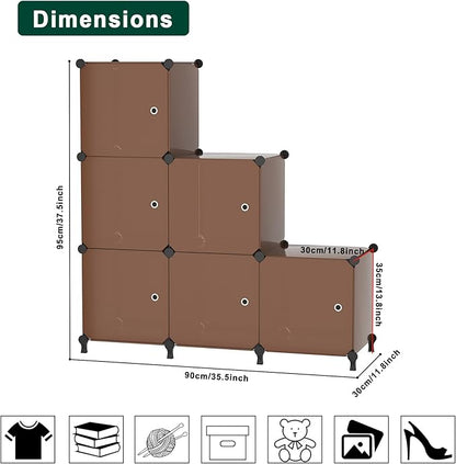 Cube Storage Organizer, 6-Cube Shelves Unit with Doors, DIY Stackable Plastic Clothes Organizer for Bedroom and Under Stairs Storage Unit, Each Compartment 30 x 30 x 30 cm Brown ATTSL6007