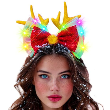 Zoestar Light Up Christmas Headband Led Reindeer Antlers Headpiece Glowing Bow Hair Band Party Hair Accessories for Women