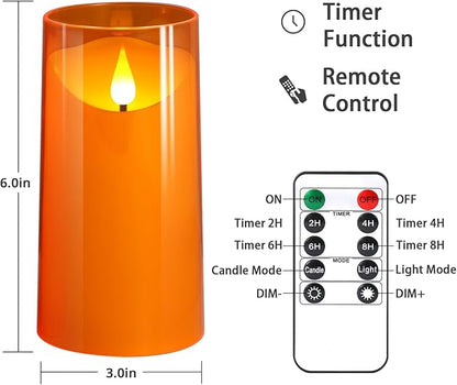 NURADA Flameless Candles with Remote and Timer - 3D Wick Unbreakable Acrylic Battery Operated LED Pillar Battery Candles for Fall Thanksgiving Dinner Tables Wedding Party Home Decor - Orange 2 Pack