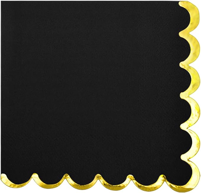 200 Pack Black Paper Napkins - Gold Foil Scalloped Cocktail Napkins for Themed Party Supplies, Birthday, Baby Shower, Wedding