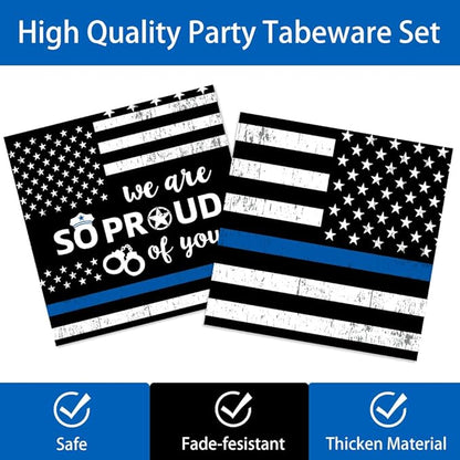 142Pcs Police Academy Graduate Party Supplies We Are So Proud Of You Police Theme Plates and Napkins Congrats Officer Party Decorations for Police Retirement Grad Graduation Promotion Party Serves 24
