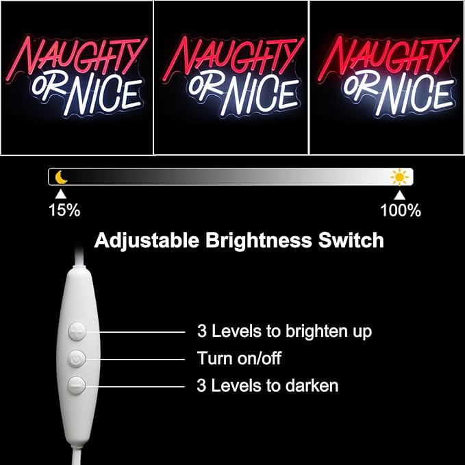 Naughty or Nice Neon Sign Christmas Room Decoration Red White Letters Neon Light Dimmable Words LED Signs for Wall Bedroom Living Room Bar Party Decor Xmas Gifts 15.7 x 11.4 inches