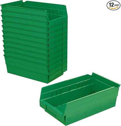 Akro-Mils 30130 Plastic Shelf Bins, Heavy Duty Storage Bins for Garage, Closet, and Drawer Organization, 12" x 6-1/2" x 4", Green, 12-Pack