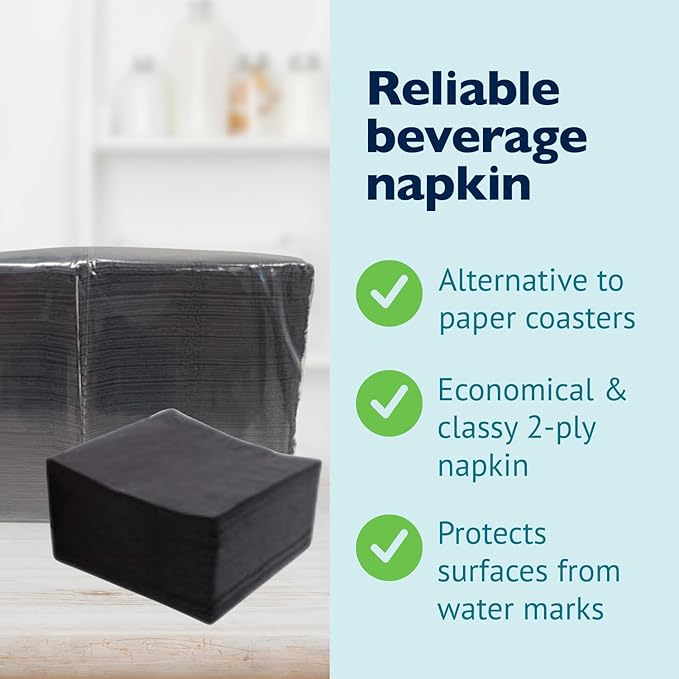 Morcon Valay Beverage Napkins, 2-Ply Paper Napkins for Food and Drink Service, Perfectly Sized Commercial Black Napkins | 4 Packs of 250 Napkins, 1000 Pcs Total
