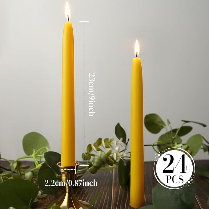 24 Packs Beeswax Taper Candles 9 Inch, All Natural Beeswax Candle Sticks - 10 Hour Burn Time - Smokeless & Dripless Taper Candles for Table Decor, Unscented Bee Wax Tapered Candle