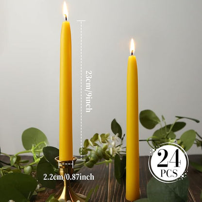24 Packs Beeswax Taper Candles 9 Inch, All Natural Beeswax Candle Sticks - 10 Hour Burn Time - Smokeless & Dripless Taper Candles for Table Decor, Unscented Bee Wax Tapered Candle