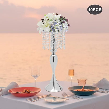 Wedding Centerpieces Gold Vases,10PCS Metal Flower Candle Holder with Sparkling Crystal Beads,Crystal Flower Vase Metal Flowers Stand for Party Tables Decorations (10PCS-Sliver-17cm)