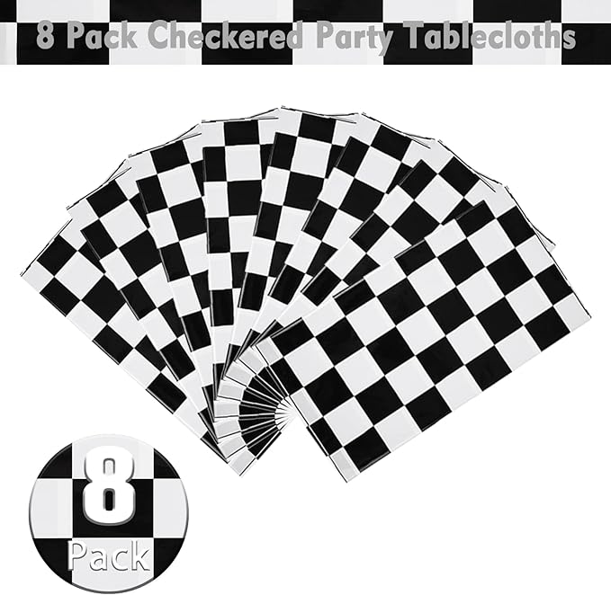 Kesfey 8 Packs Black and White Checkered Tablecovers 54 x 108 Inches Disposable Party Picnic Table Cloth Splashproof Plastic Checkered Tablecovers for Camping Decoration Party Favors