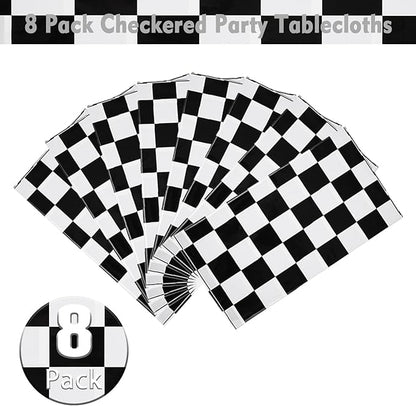 Kesfey 8 Packs Black and White Checkered Tablecovers 54 x 108 Inches Disposable Party Picnic Table Cloth Splashproof Plastic Checkered Tablecovers for Camping Decoration Party Favors