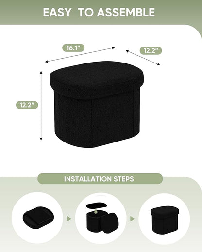 B FSOBEIIALEO Storage Ottoman for Dorm Room, Boucle Folding Storage Ottoman Foot Rest, 16.14 Inches Small Collapsible Ottoman Cube for Living Room Black