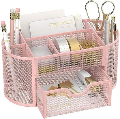 Mesh Desk Organizer with Drawer, 9-Compartment Pen Holder for Desk, Pink
