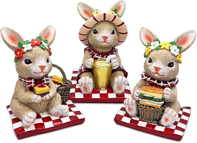 OrnamentallyYou Sweet Easter Decoration for Indoor & Outdoor (Joyful Picnic Gathering Bunny Trio Set of Three Figurines, Spring Rabbit Statue 4.5" Decor)
