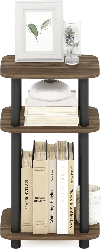 Furinno JUST Side Table, 3-Tier Turn-N-Tube End Table with Open Shelf, Round Curve Corner Night Stand, Bedside Table, Easy Assembly, for Living Room, Bedroom, Columbia Walnut