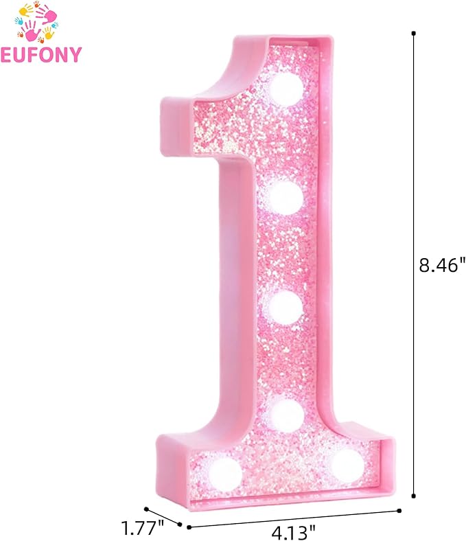 Pink LED Light Up Marquee Numbers, Glitter Lighted Numbers Sign Battery Operated for Girls 1st 10th First Birthday Party Decorations, Room Table Top Decor, Pink Number 1 with Cool White Lights
