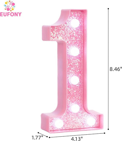 Pink LED Light Up Marquee Numbers, Glitter Lighted Numbers Sign Battery Operated for Girls 1st 10th First Birthday Party Decorations, Room Table Top Decor, Pink Number 1 with Cool White Lights