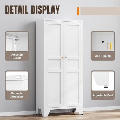 Yizosh Metal Storage Cabinet with 2 Doors and 4 Adjustable Shelves - 61" White Kitchen Pantry Storage 5-Tier Tall Steel Cabinets Locker for Kitchen, Living Room, Dining Room