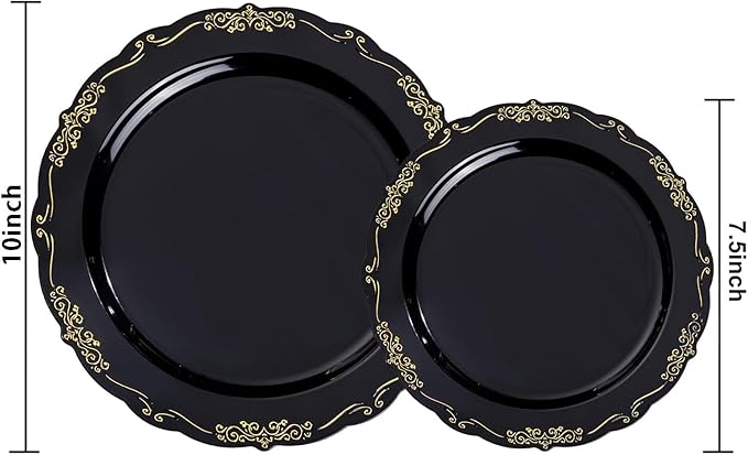 U-QE 100PCS Black Gold Plastic Plates - Heavy Duty Disposable Plates Including 50PCS 10'' Dinner & 50PCS 7.5'' Dessert Plates - Hard Plastic Plate for Party & Wedding