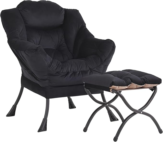 LITA Lazy Chair with Ottoman, Modern Accent Leisure Upholstered Sofa Chair, Contemporary Lounge Reading Chairs with Armrests and a Side Pocket for Living Room, Bedroom & Small Space, Black