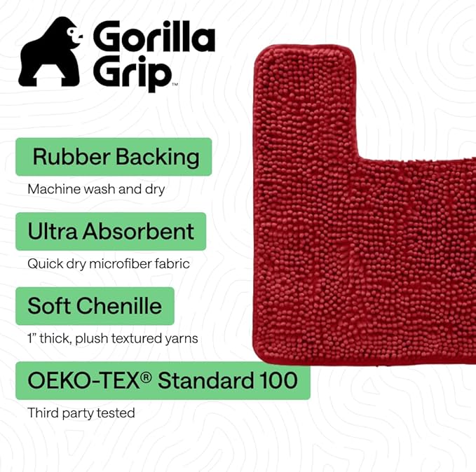 GORILLA GRIP Bathroom Rug Sets, Soft Chenille 2 Piece Area Rugs Set, Toilet Base Mat and 30x20 Carpet, Absorbent Microfiber Washable Mats Dry Quickly, Home Décor and Bath Room Accessories, Red