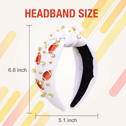 Football Headband for Women, Rhinestone Wide Jeweled Fashion Knotted Hairband for Game Day, Football Costume Sports Hair Accessories for Football Mom Cheer Fans Party Gift - White
