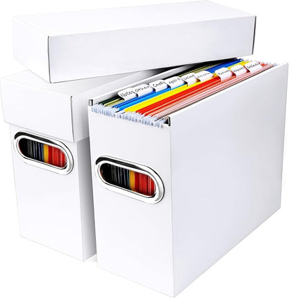File Organizer Box with Lid & Handle, Thickened Cardboard Hanging File Folder Storage Boxes for Letter Size, Portable Filing Organizer for Office, Home, Classroom, White 2 Pack