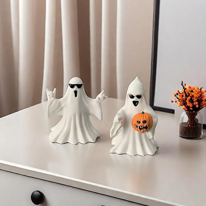 Halloween Ghost Figurine - Spooky Resin Ghost Statue, Cute Finger Ghost Ornaments, Perfect for Indoor & Porch Halloween Decor (Ghost with Glasses)
