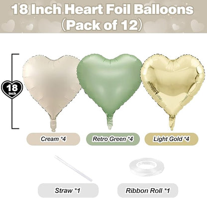 Sage Green Gold Heart Balloons, 12PCS Green Gold Heart Shaped Foil Balloons, 18Inch Green Cream White Heart Helium Foil Balloon for Jungle Woodland Birthday Wedding Baby Shower Party Decoraion