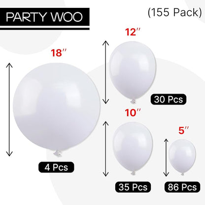 PartyWoo White Balloons 155pcs Different Sizes Pack of 18 12 10 5 Inch Matte White Latex Balloon Arch Kit Garland for Wedding Bridal Graduation Baby Shower Birthday Party Decorations White-Y13