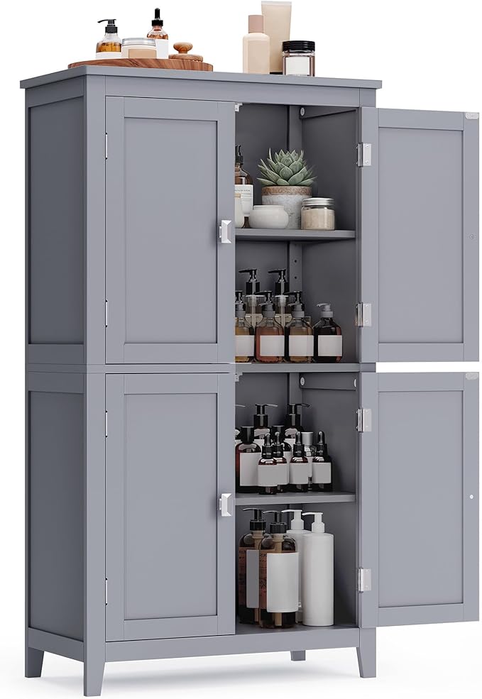 VASAGLE Floor Storage Cabinet, Freestanding Storage Unit with 4 Doors, Adjustable Shelves, 11.8 x 23.6 x 43.3 Inches, for Entryway, Bathroom, Dove Gray UBBC552P36V1