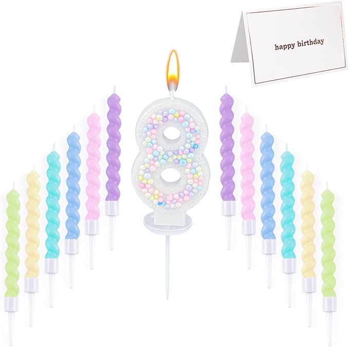Number Birthday Candle with 12PCS Spiral Candles and A Birthday Card - Perfect for Celebrating Birthdays (Macaron Glitter, Number 8)