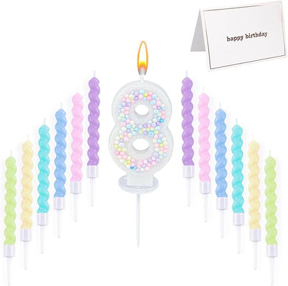 Number Birthday Candle with 12PCS Spiral Candles and A Birthday Card - Perfect for Celebrating Birthdays (Macaron Glitter, Number 8)