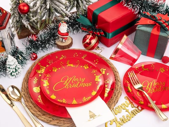 Ciaell 175 Pieces Christmas Plastic Plates - Red and Gold Plastic Plates include 25Dinner Plate, 25Dessert Plate, 25Knives, 25Forks, 25Spoons, 25cups, 25 Christmas Napkins for Xmas Party