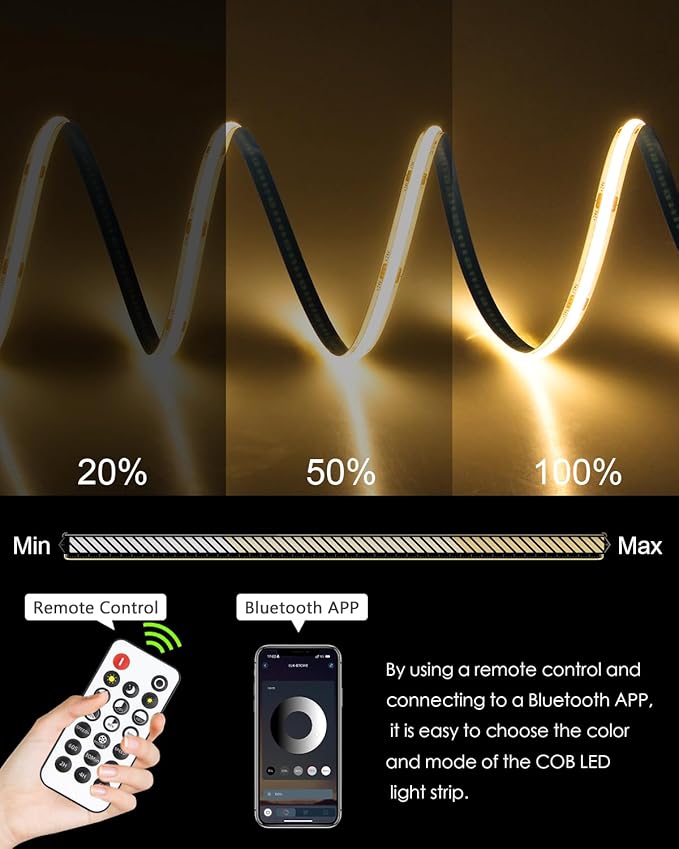 65.6FT/Roll COB Led Strip Lights 3000K 24V Dimmable LED Light Strip with Remote/App CRI 90+ Warm White 480LED/M Hight Density Super Bright Flexible LED Tape Light for Bedroom Cabinet Home DIY Lighting