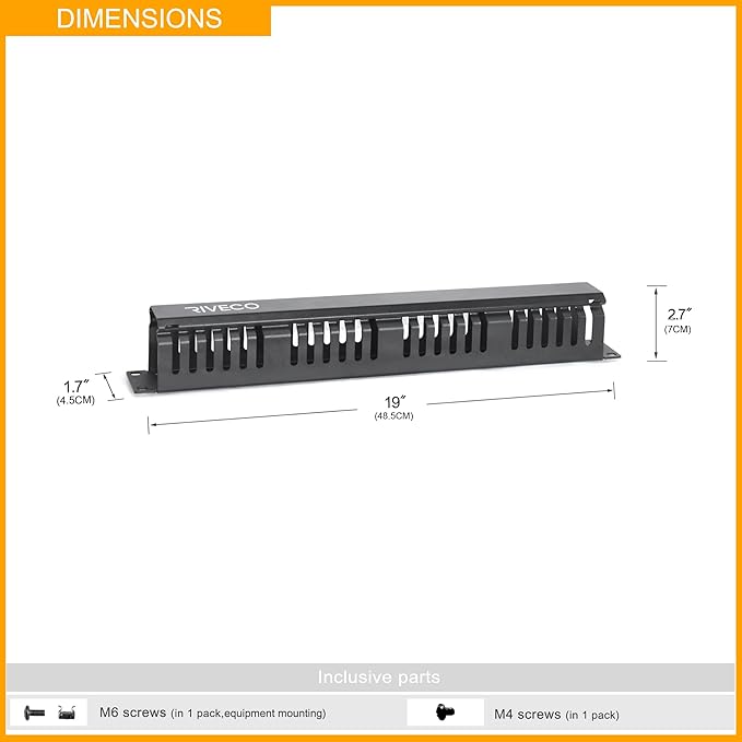 RIVECO 1U Cable Management for Racks & Server Cabinets Managing Cord & Wire, Cable Raceway for 19” Rack Mount 24 Slots Large 2.8 Inches Capacity Black