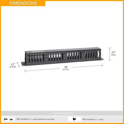 RIVECO 1U Cable Management for Racks & Server Cabinets Managing Cord & Wire, Cable Raceway for 19” Rack Mount 24 Slots Large 2.8 Inches Capacity Black