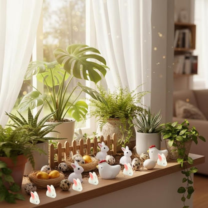 80Pcs Rabbits,Chickens and Eggs Miniature Figurines, Mini Resin Easter Bunny Rabbits Chickens and Easter Eggs for Garden Decor Miniature Ornaments for Dollhouse DIY Cake Home Decor