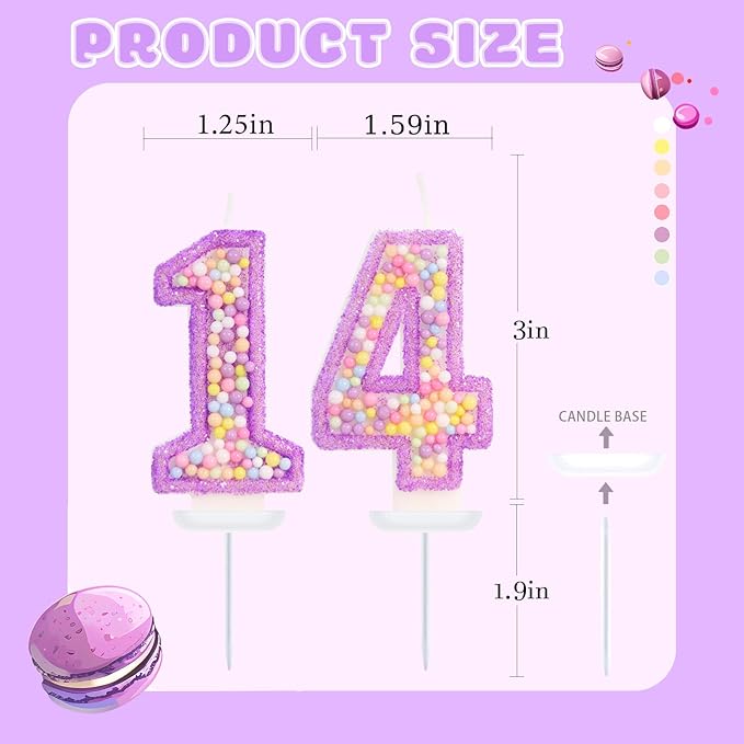 Purple Birthday Candles - Number 14 Candle, Colorful Macaron Candles, 14 Birthday Decorations for Girls, Purple Cake Decorations, Theme Party Supplies