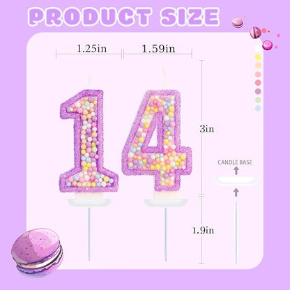 Purple Birthday Candles - Number 14 Candle, Colorful Macaron Candles, 14 Birthday Decorations for Girls, Purple Cake Decorations, Theme Party Supplies