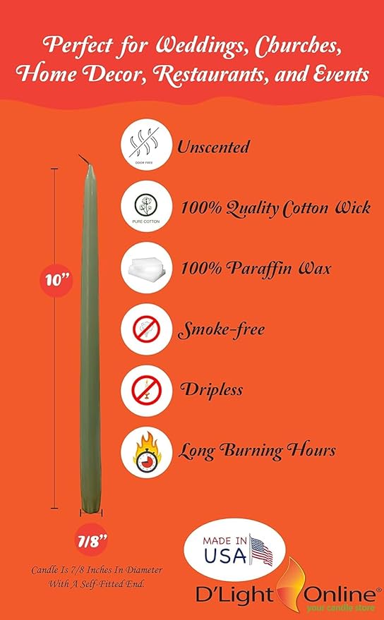 D'light Online Elegant 10" Olive Green Taper Candles Premium Quality Candles, Unscented, Hand-Dipped, Dripless and Smokeless Taper Candles - Individually Wrapped (10 Inch, Basil)