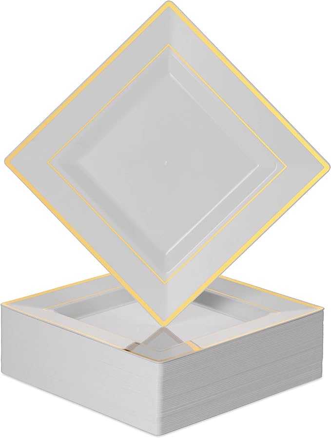 BloominGoods Plastic Disposable Square Dessert Plates | 50-Pack 6.5 inches White with Gold Rim Square Plates | Ideal for Weddings, Parties, Catering | Heavy Duty & Non Toxic